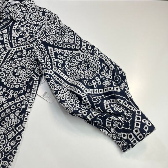Chico´s Eyelet Billow Sleeve Shirt NWT Sz 2.5 14 Navy Blue White Embroidered - Picture 9 of 15